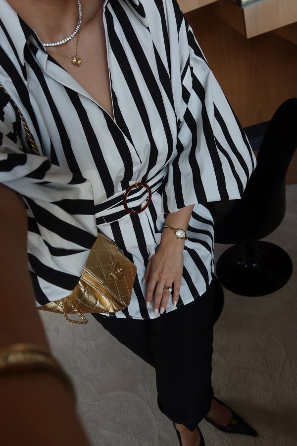 Çizgili Balon Kol Bluz