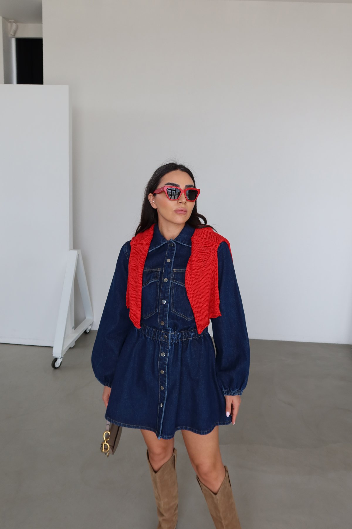 Beli Lastikli Denim Elbise