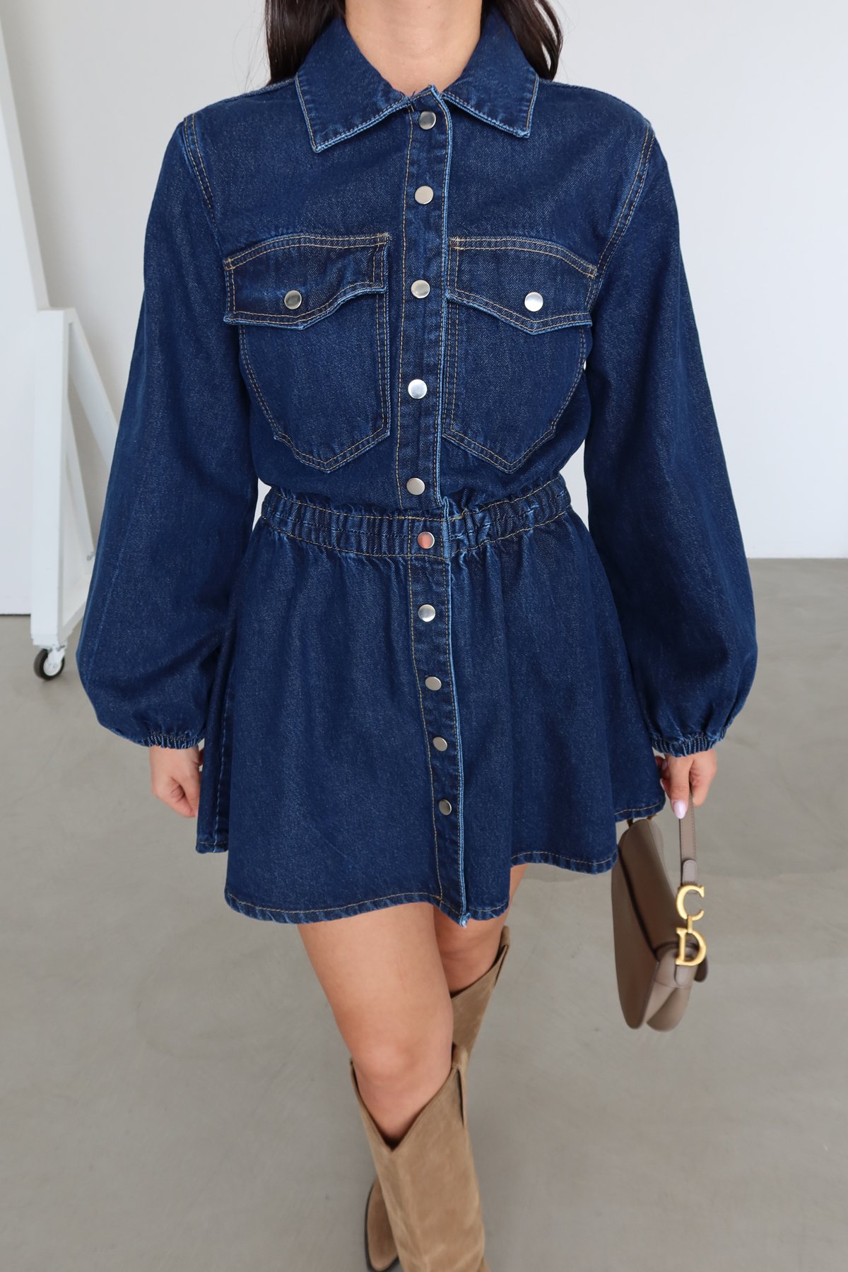 Beli Lastikli Denim Elbise