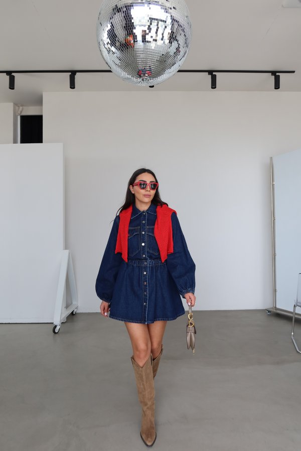 Beli Lastikli Denim Elbise