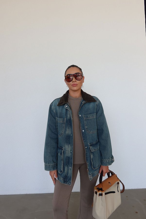 Kadife Yakalı Denim Ceket