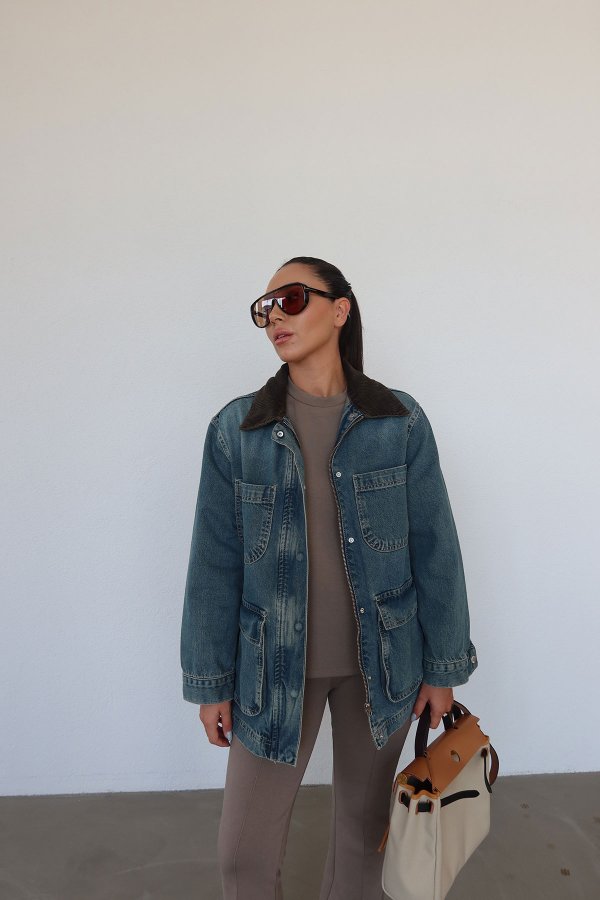 Kadife Yakalı Denim Ceket