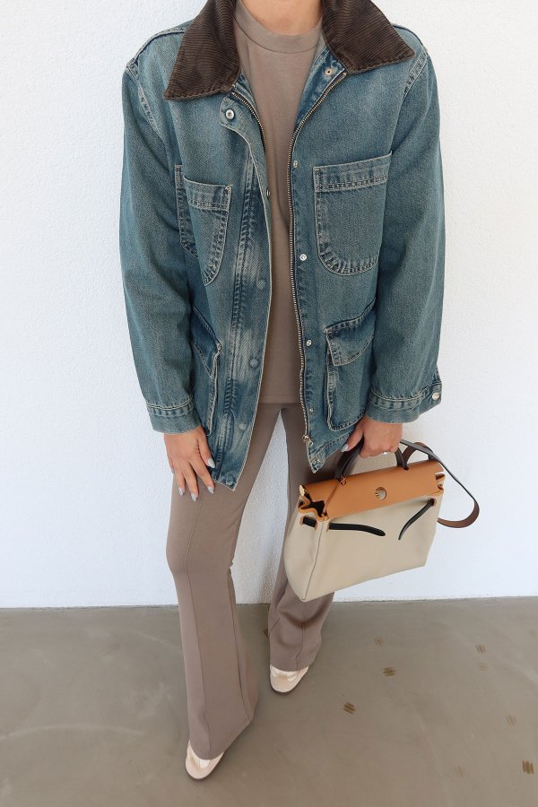 Kadife Yakalı Denim Ceket