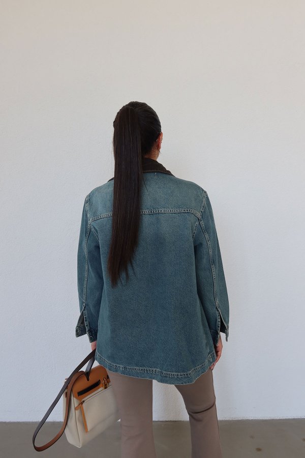 Kadife Yakalı Denim Ceket