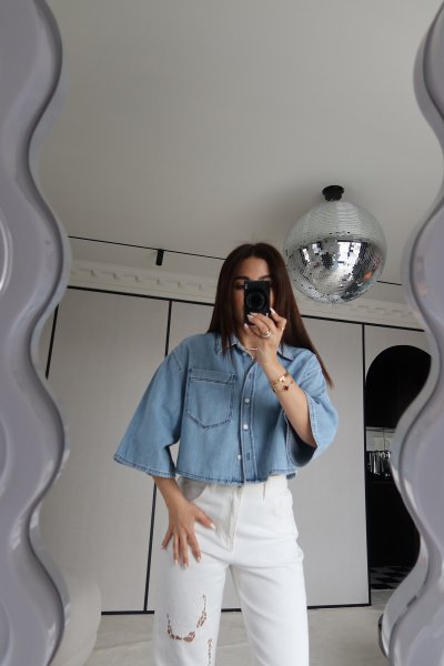 Geniş Kol Crop Denim Gömlek