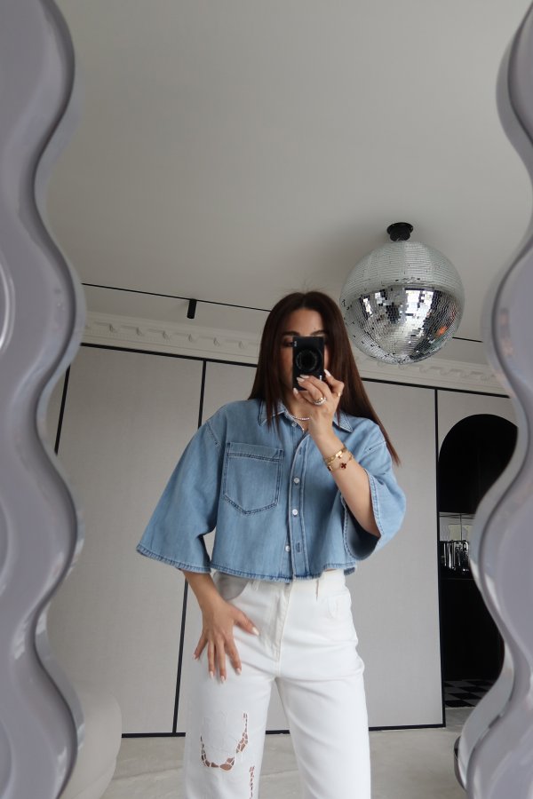 Geniş Kol Crop Denim Gömlek