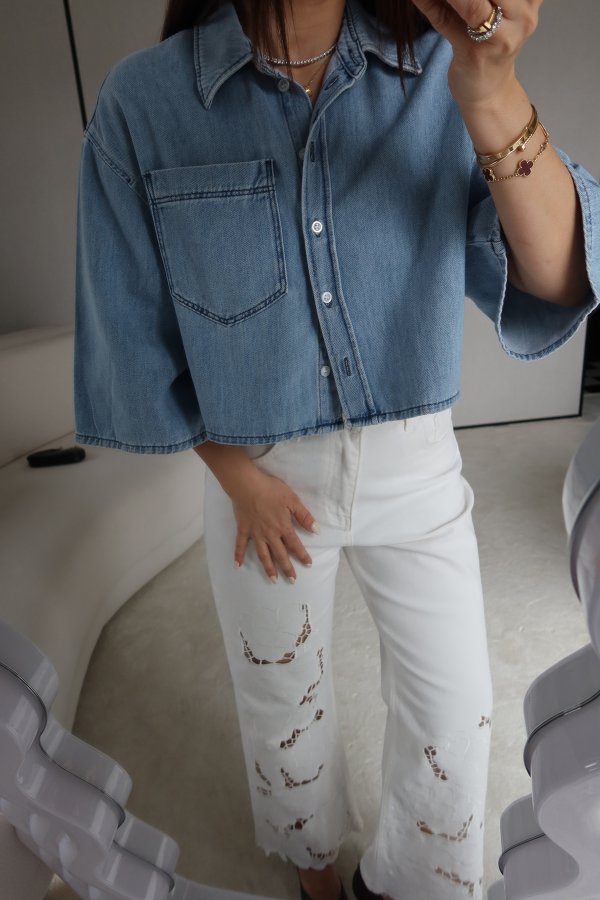 Geniş Kol Crop Denim Gömlek