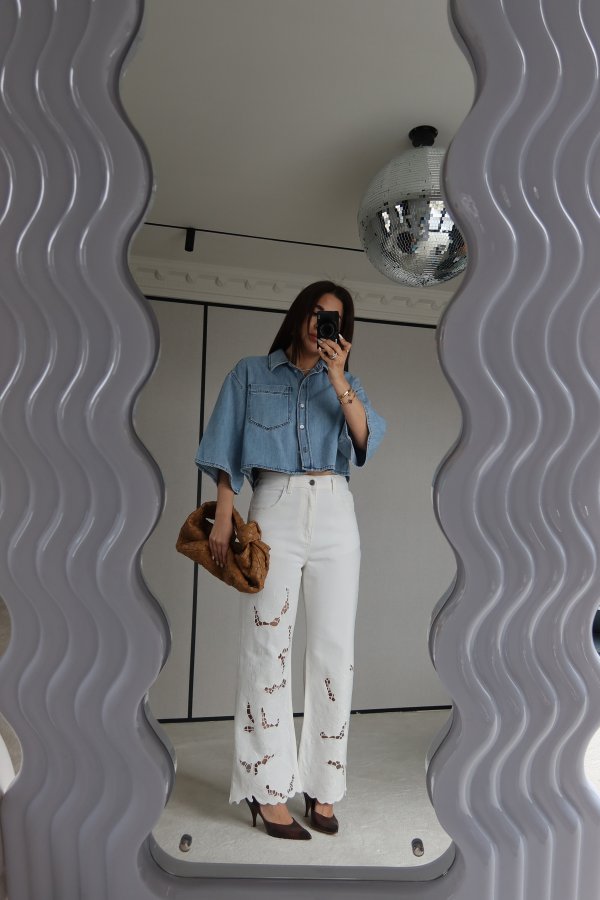 Geniş Kol Crop Denim Gömlek