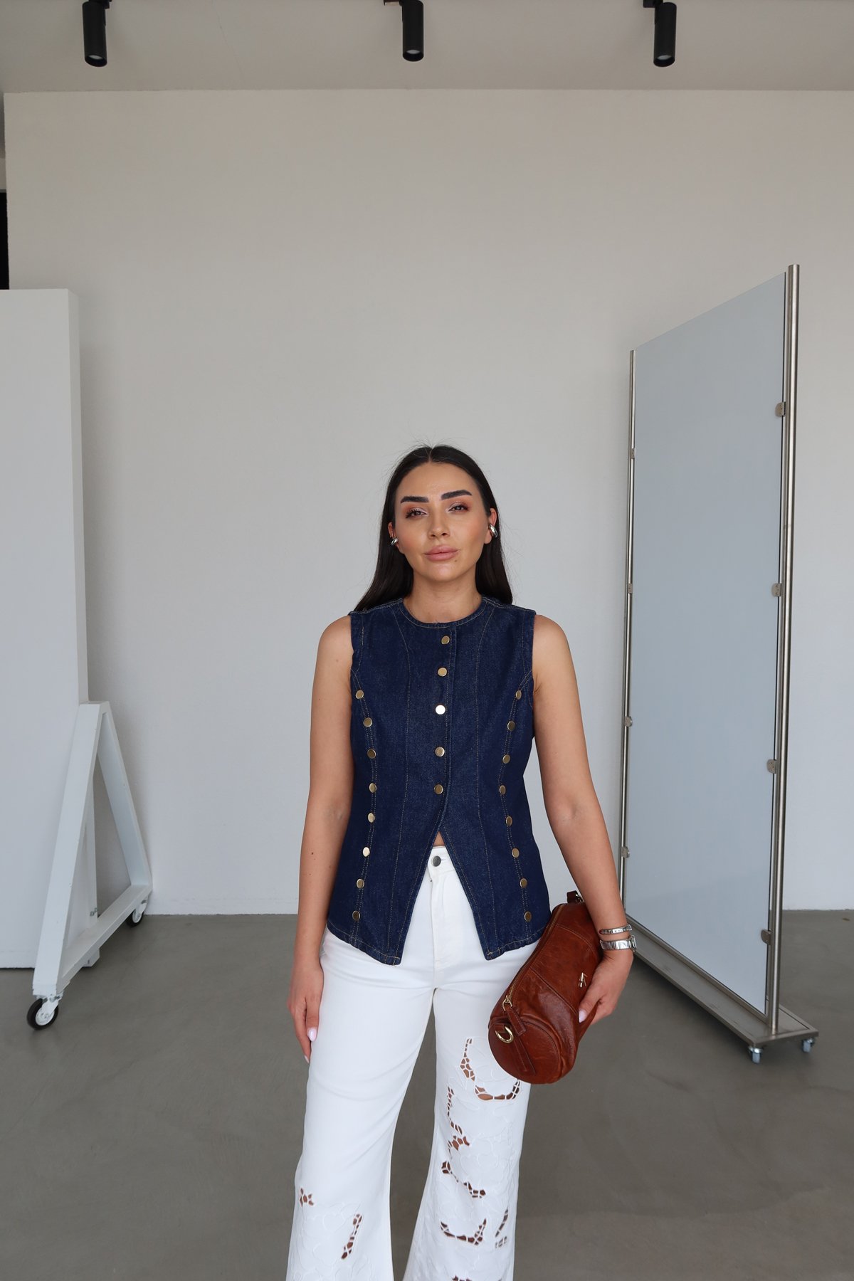 Gold Düğmeli Denim Yelek