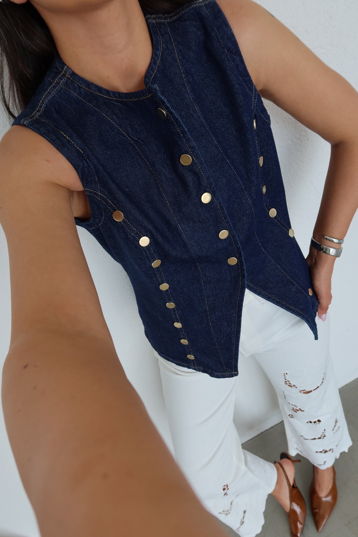 Gold Düğmeli Denim Yelek