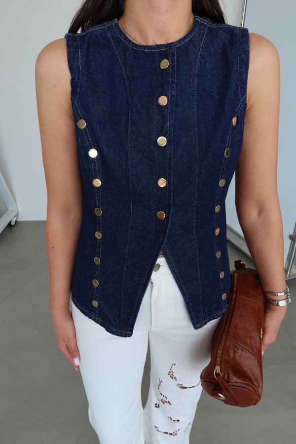 Gold Düğmeli Denim Yelek