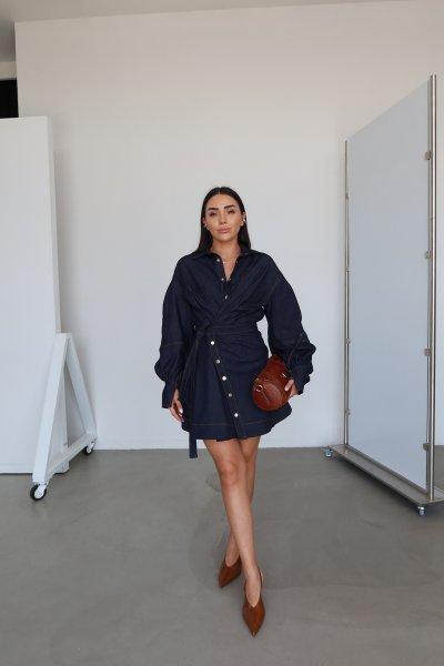 Balon Kol Kontrast Dikişli Denim Elbise