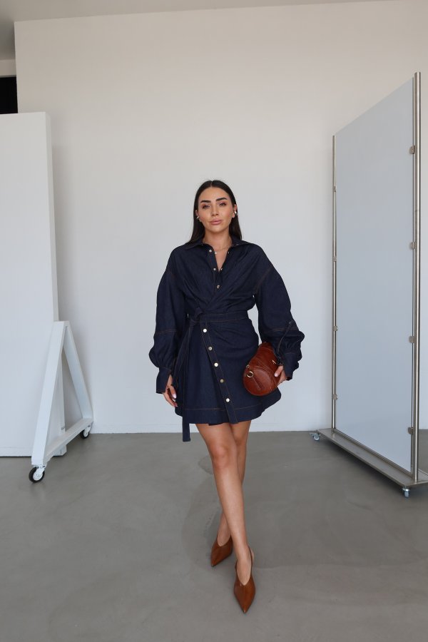 Balon Kol Kontrast Dikişli Denim Elbise