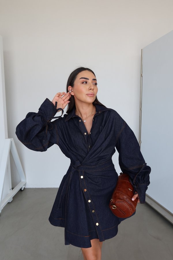 Balon Kol Kontrast Dikişli Denim Elbise