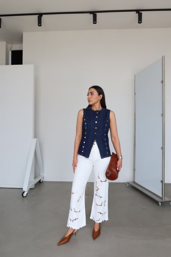 Nakış İşlemeli Denim Pantolon