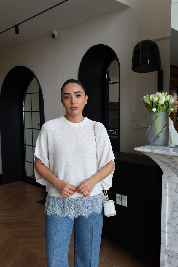 Etek Ucu Dantelli Oversize Triko