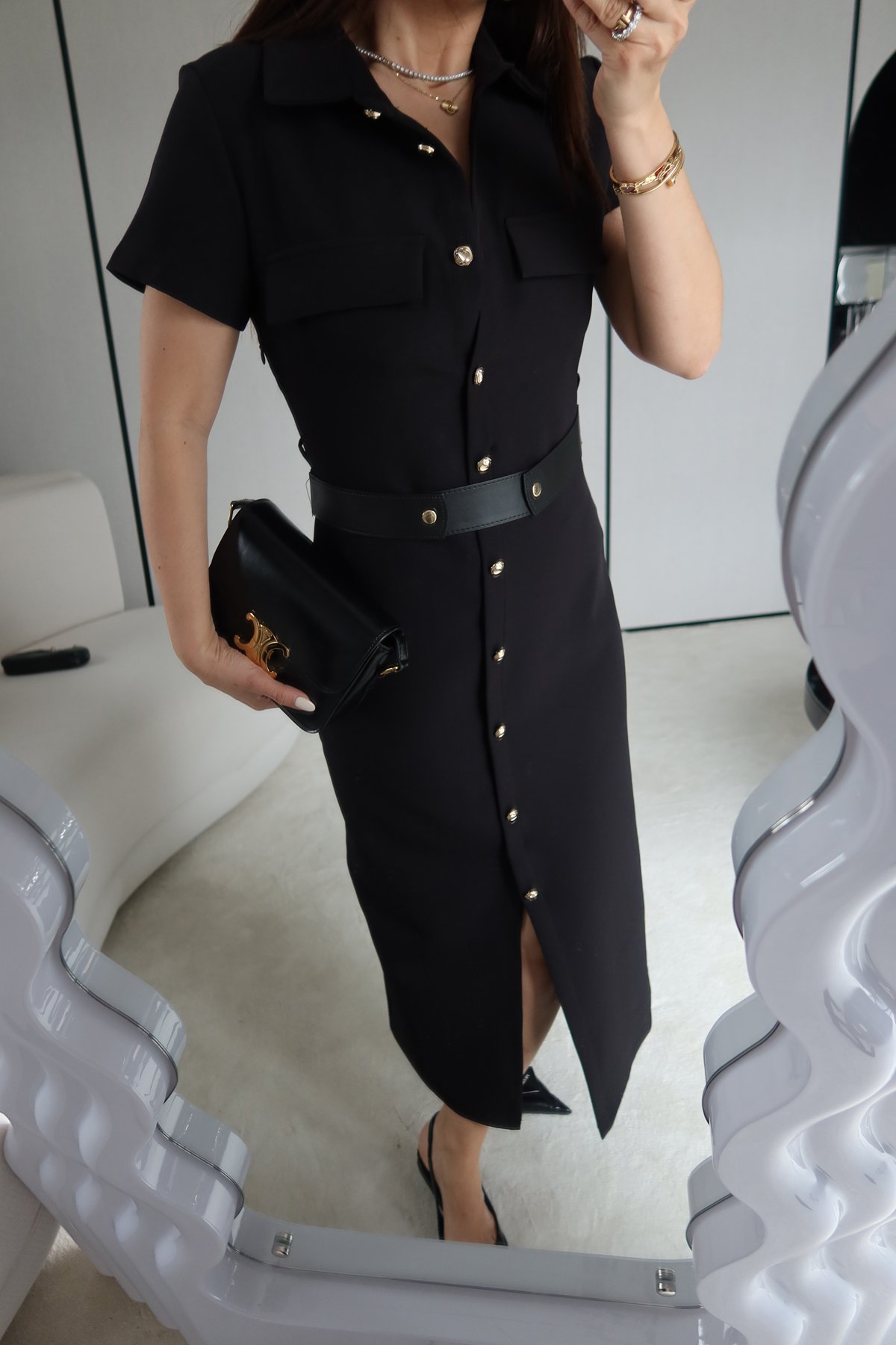 Gold Düğmeli Maksi Gömlek Elbise