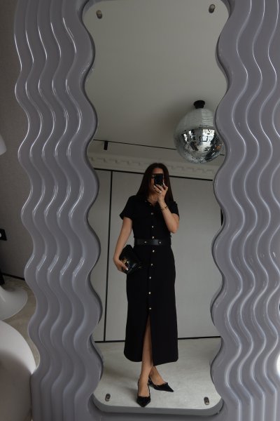 Gold Düğmeli Maksi Gömlek Elbise