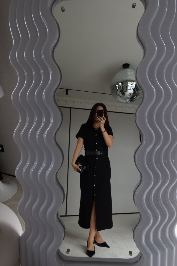 Gold Düğmeli Maksi Gömlek Elbise