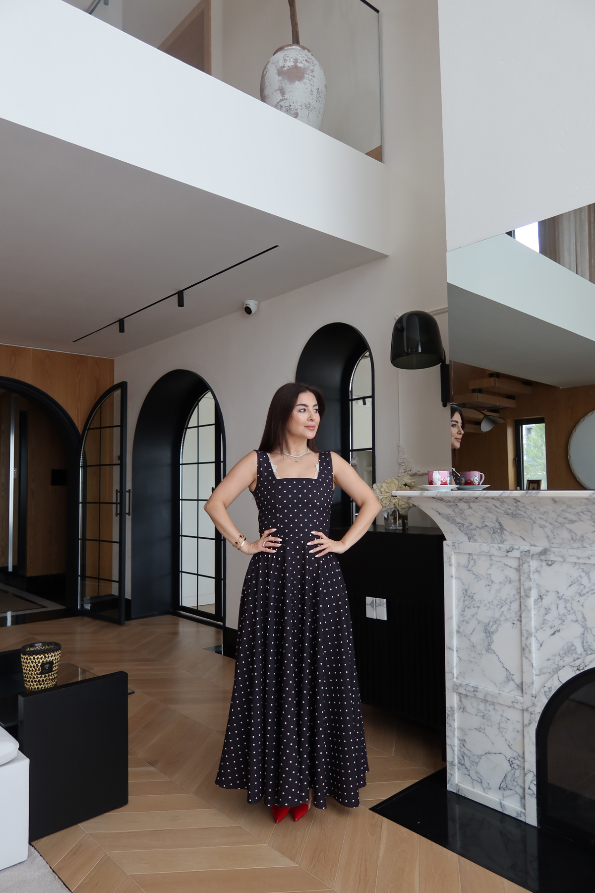 Kalın Askılı Puantiyeli Maxi Elbise