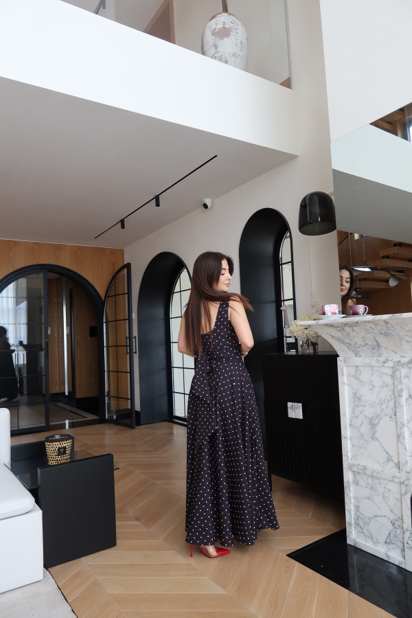 Kalın Askılı Puantiyeli Maxi Elbise