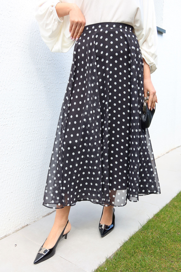 Arkası Fermuarlı Puantiyeli Şifon Etek