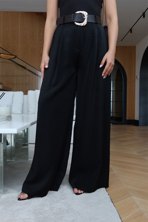 Pileli Parlak Kumaş Palazzo Pantolon