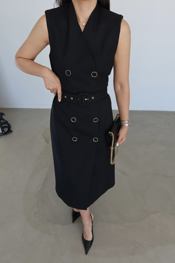 Düğmeli Kolsuz Maxi Elbise