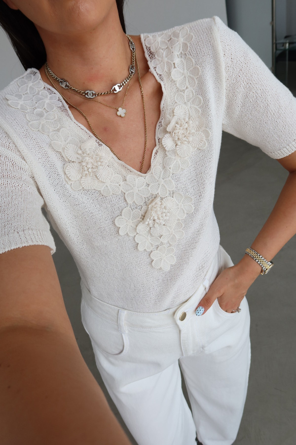 Yakası Güpürlü Kısa Kol Triko