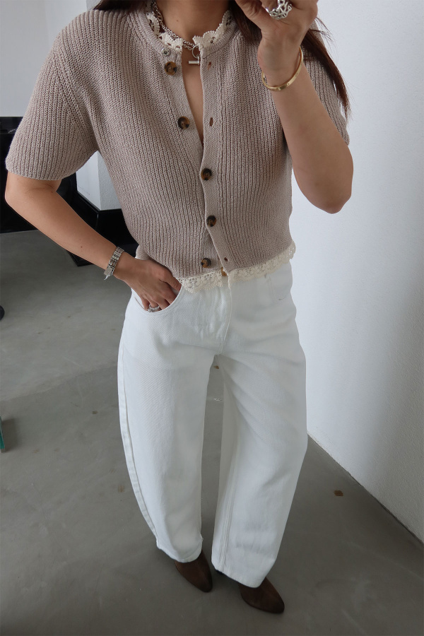 Yakası Ve Etek Ucu Dantel İşlemeli Kısa Kol Hırka