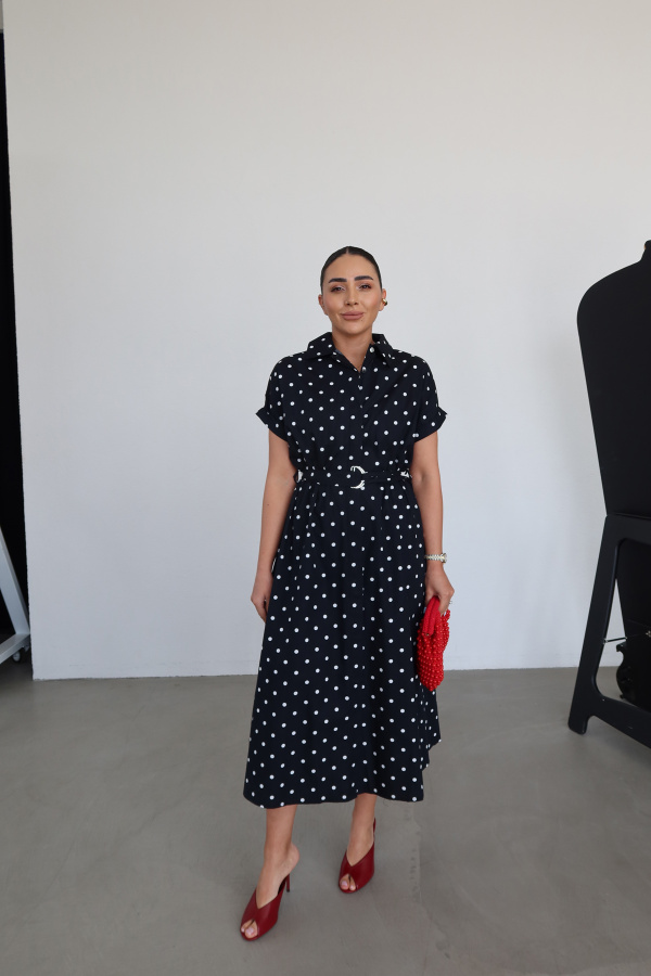 Yarasa Kol Puantiyeli Maxi Elbise