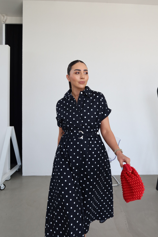 Yarasa Kol Puantiyeli Maxi Elbise