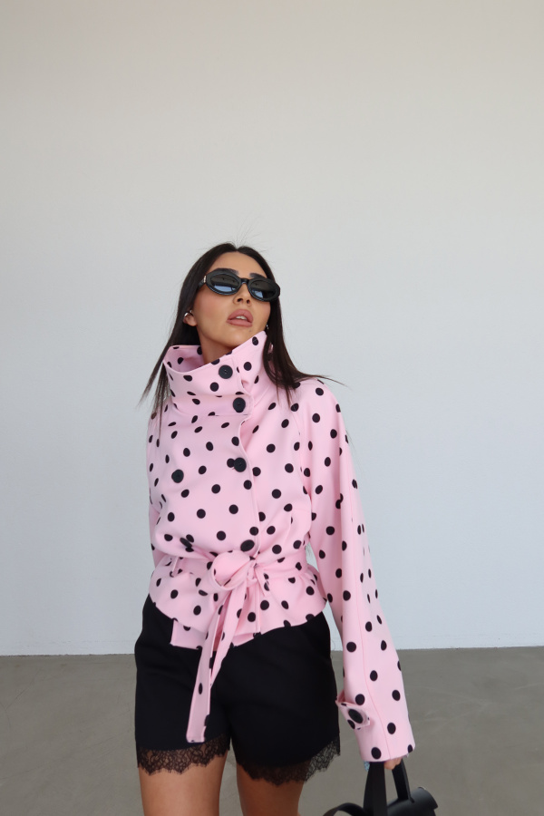 Kendinden Kuşaklı Puantiyeli Ceket