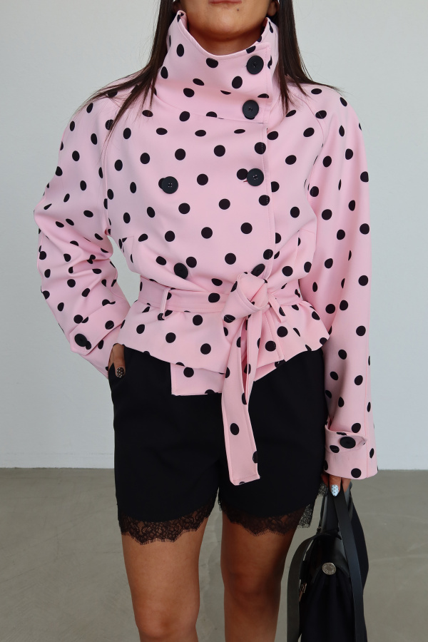 Kendinden Kuşaklı Puantiyeli Ceket