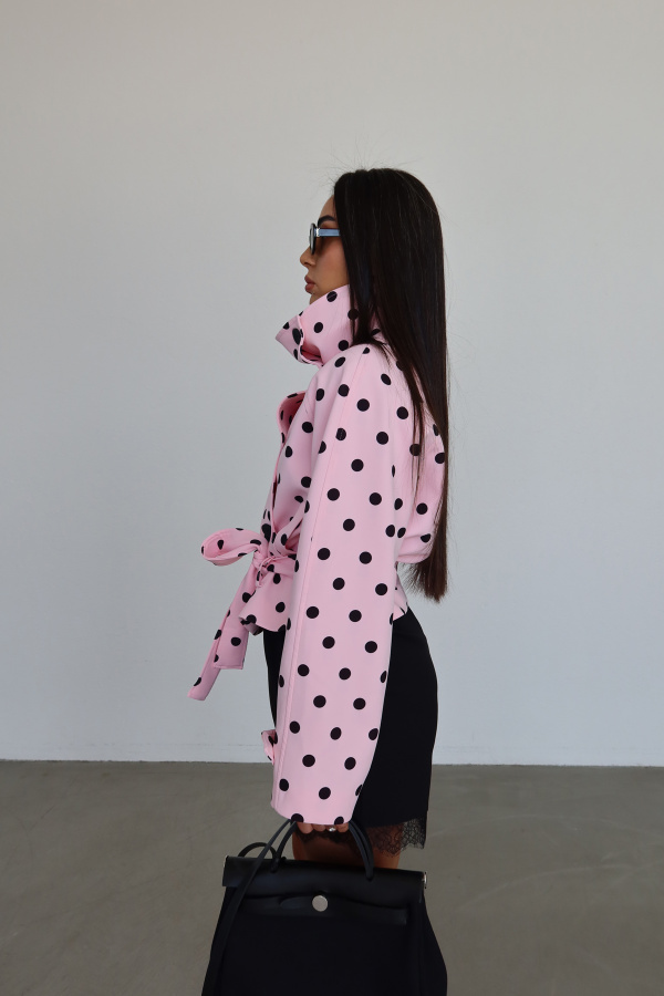 Kendinden Kuşaklı Puantiyeli Ceket