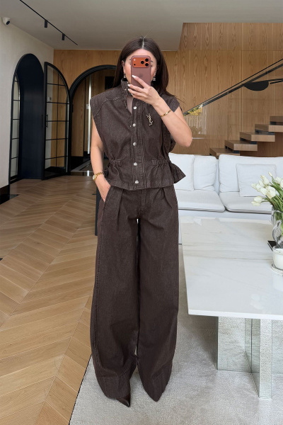 Beli Büzgülü Denim Yelek Pantolon Takım