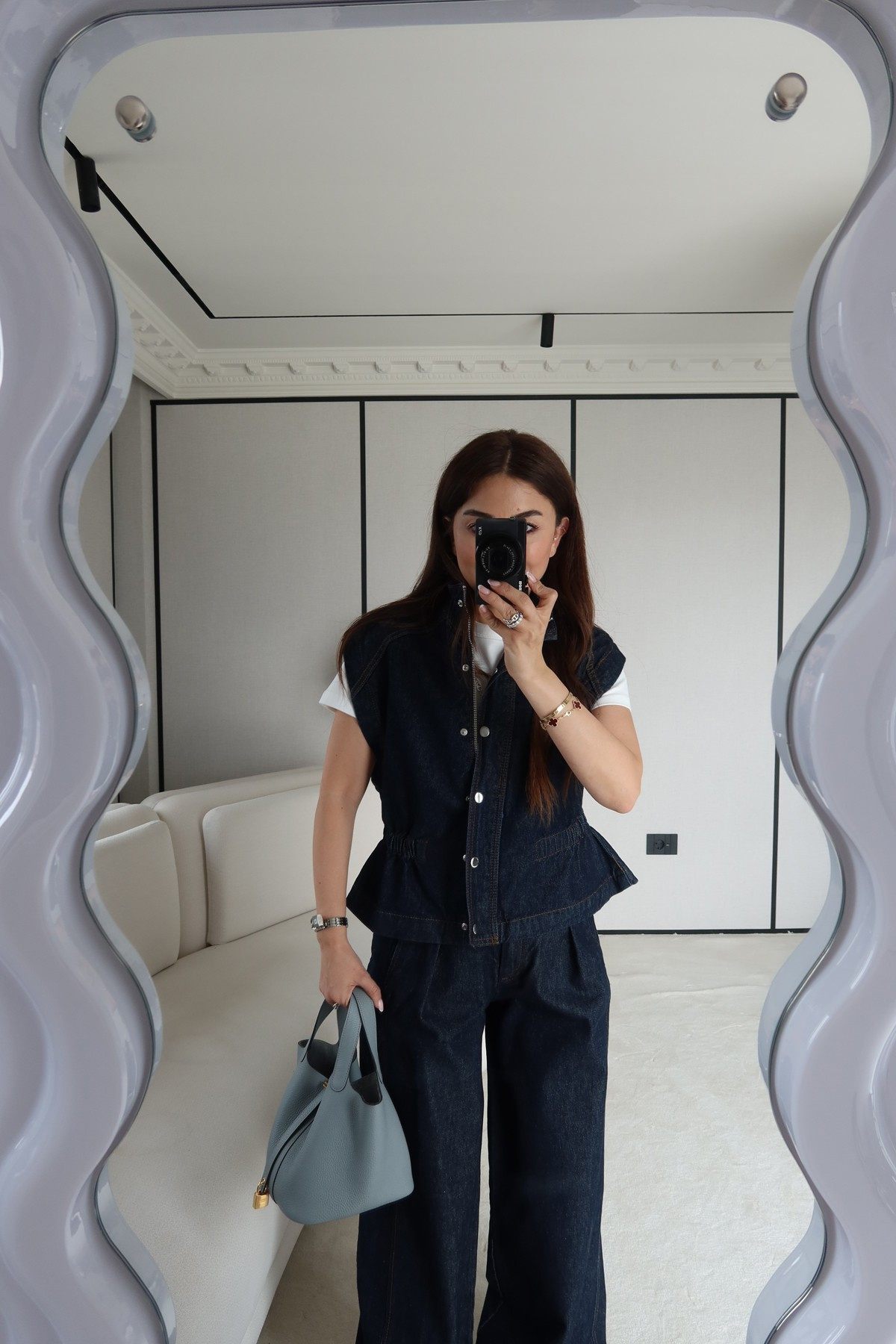 Beli Büzgülü Denim Yelek Pantolon Takım