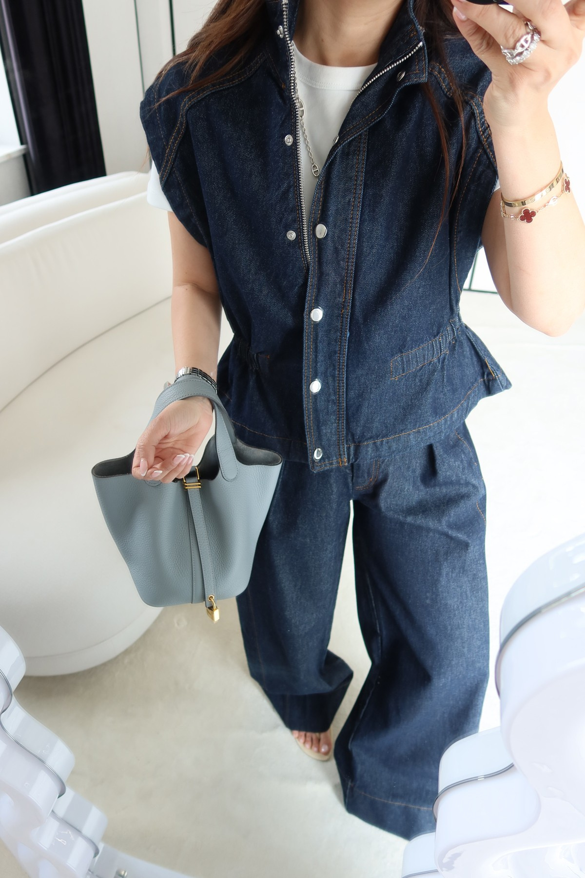 Beli Büzgülü Denim Yelek Pantolon Takım