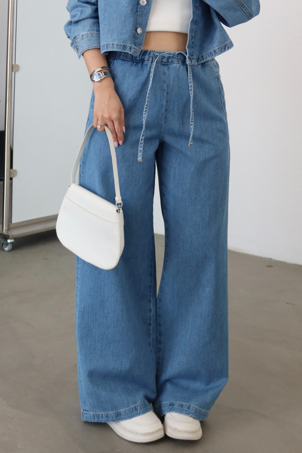 Beli Bağcıklı Denim Pantolon