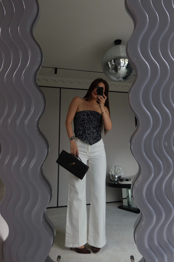 Şal Desenli Straplez Bluz