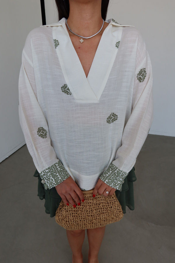 Etnik Desenli Keten Dokulu Bluz