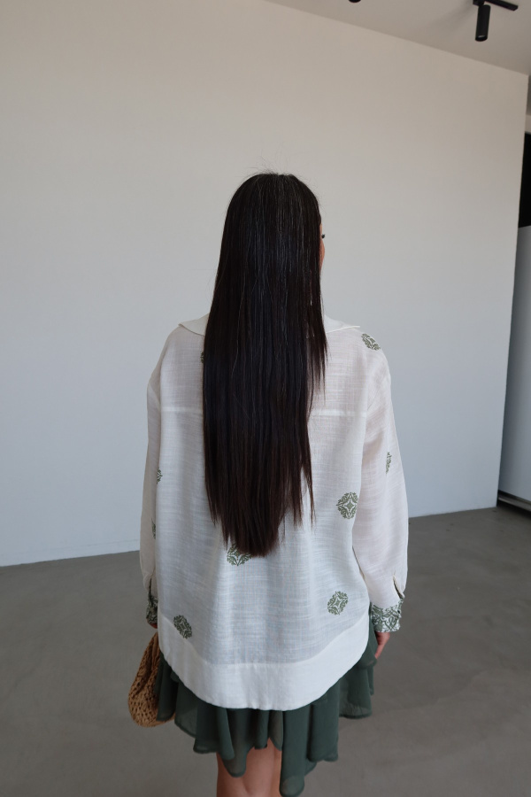 Etnik Desenli Keten Dokulu Bluz