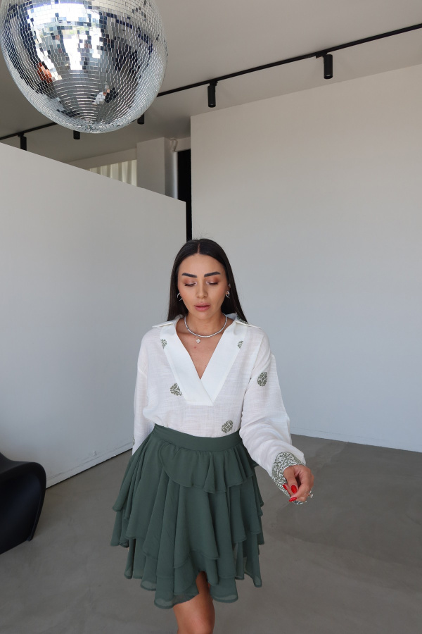 Etnik Desenli Keten Dokulu Bluz