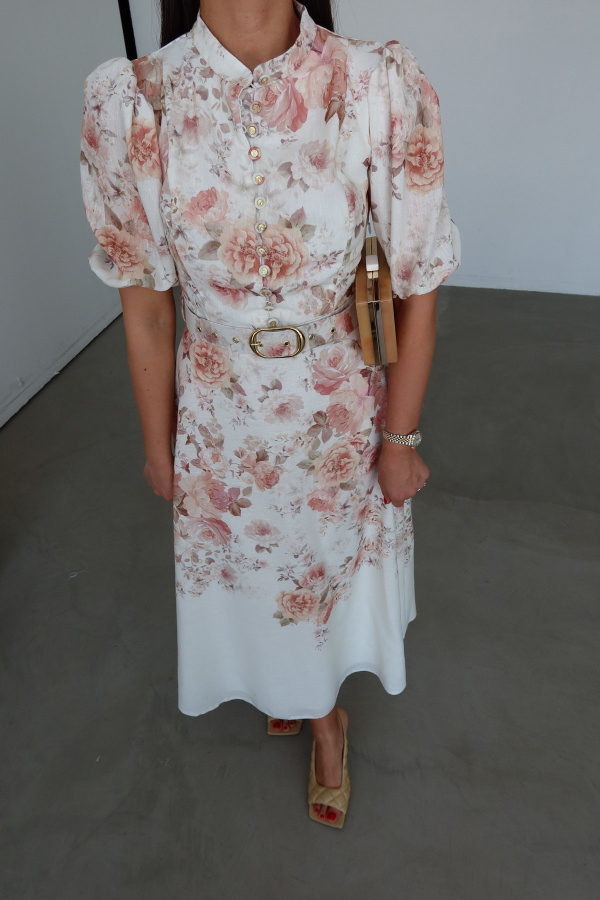 Balon Kol Çiçek Desen Premium Maxi Boy Elbise