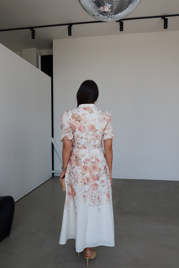 Balon Kol Çiçek Desen Premium Maxi Boy Elbise