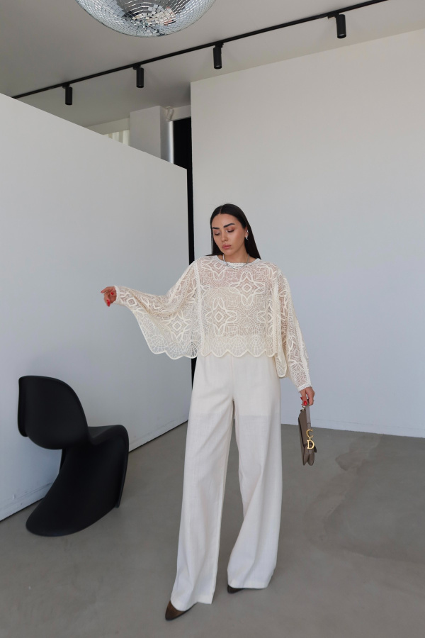 Kendinden Dokulu Bağcıklı Pantolon