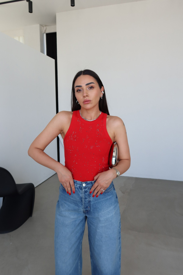 Halter Yaka Taş Baskılı Atlet