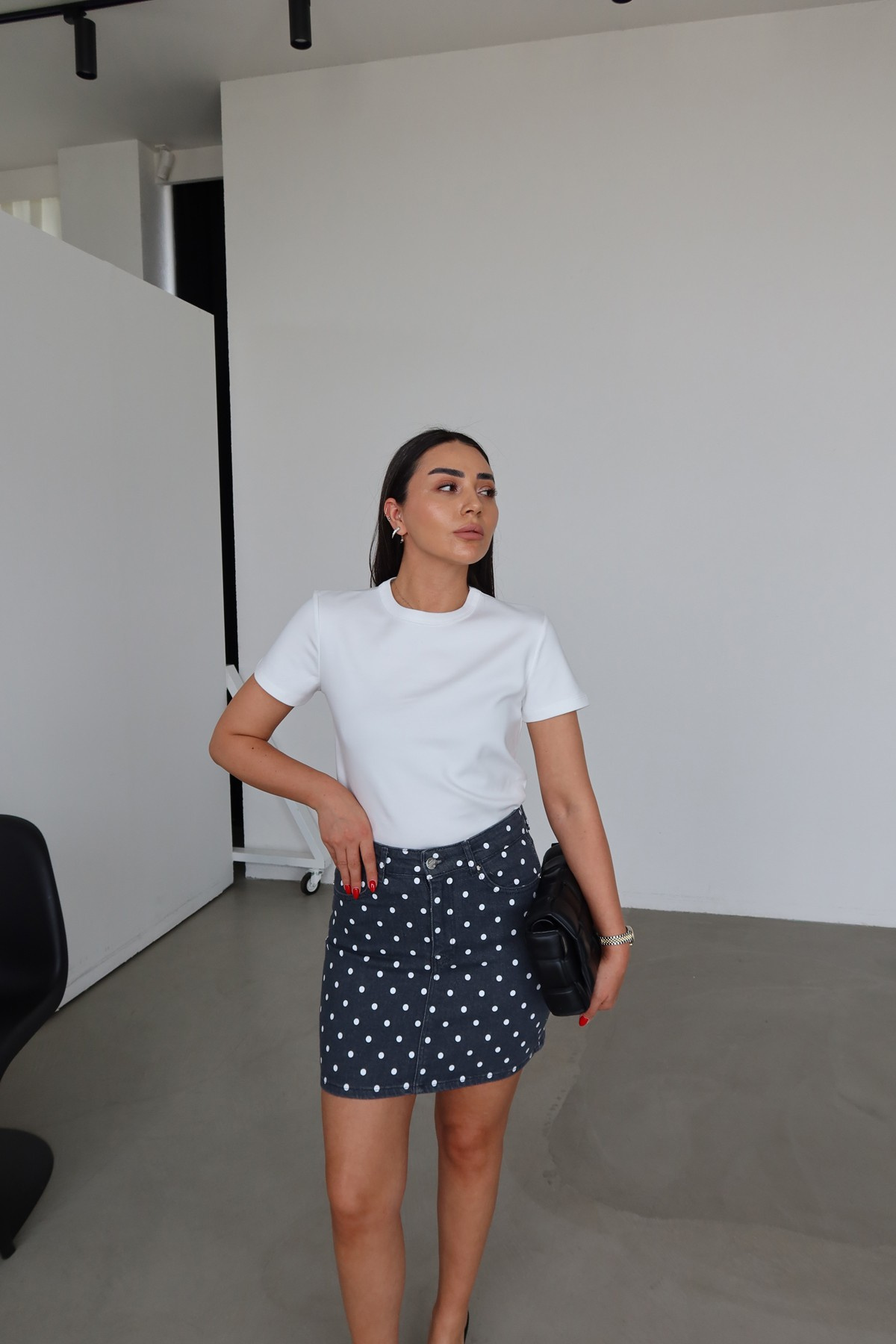 Puantiyeli Denim Mini Etek