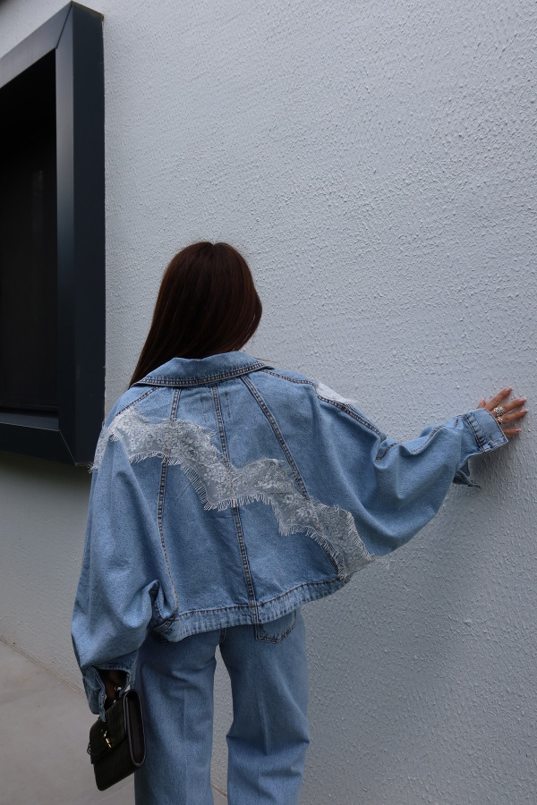 Dantel Detaylı Denim Ceket Pantolon Takım