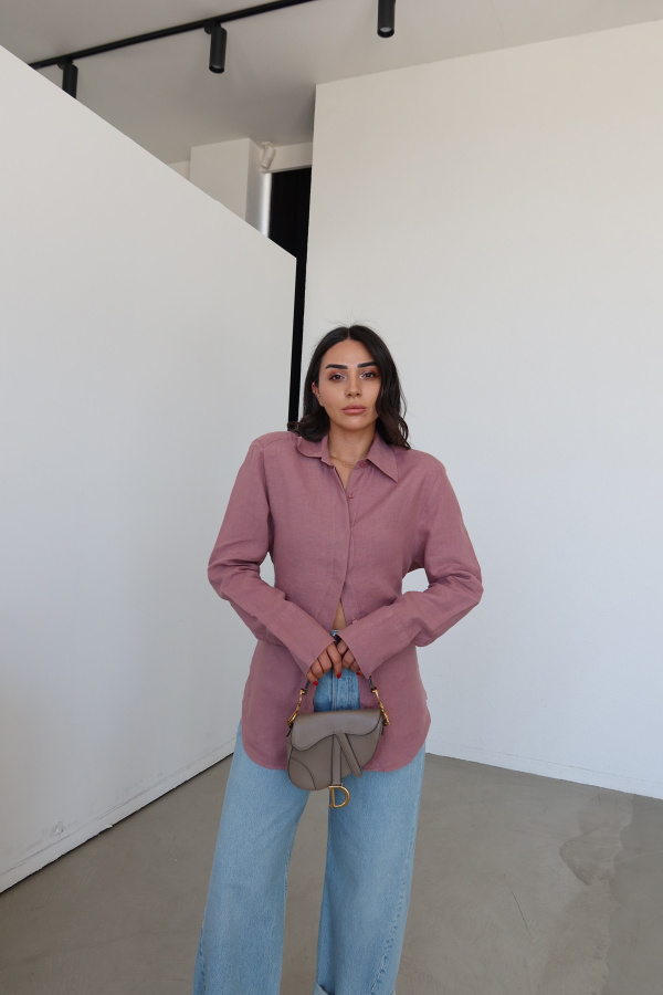 Omuzu Vatkalı Bel Bağcıklı %100 Keten Gömlek